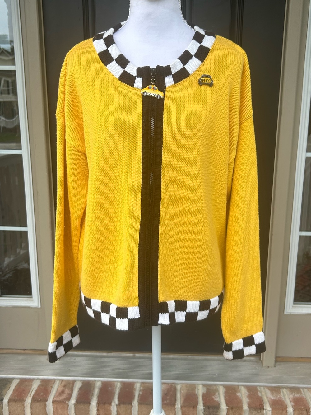 Vintage 90s y2k Coldwater Creek yellow NYC taxi cab checkerboard cardigan M